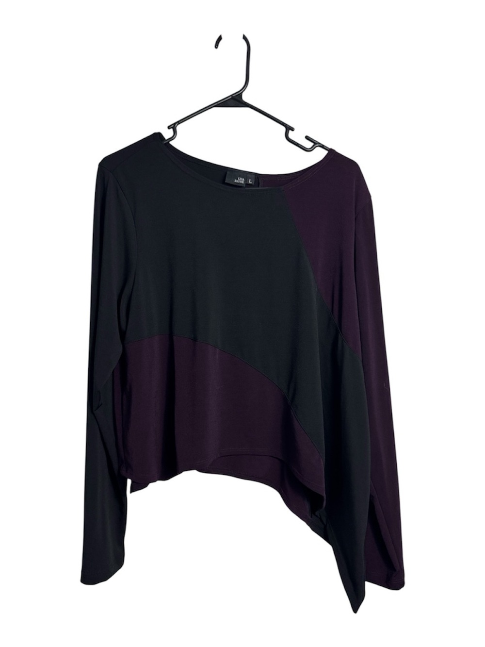 Lisa Bayne Purple Black Color Block Asymmetrical Hem Long Sleeve Shirt Large